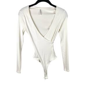 Lulus White Ribbed Knit Long Sleeve Bodysuit Faux Wrap Minimalist Size S